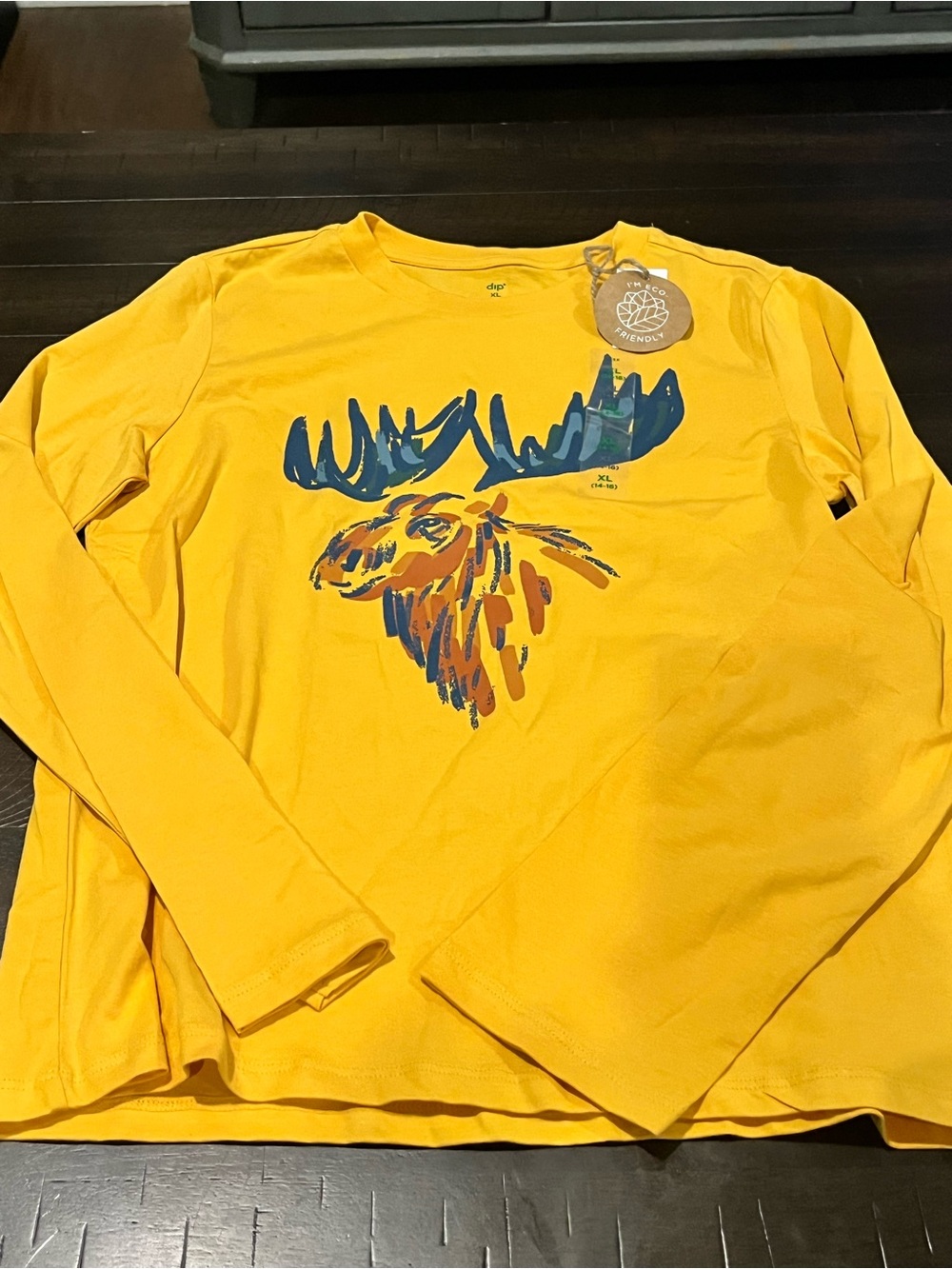 Boy’s Yellow Long Sleeve Moose Graphic Tee Organic Size 14-16 New!